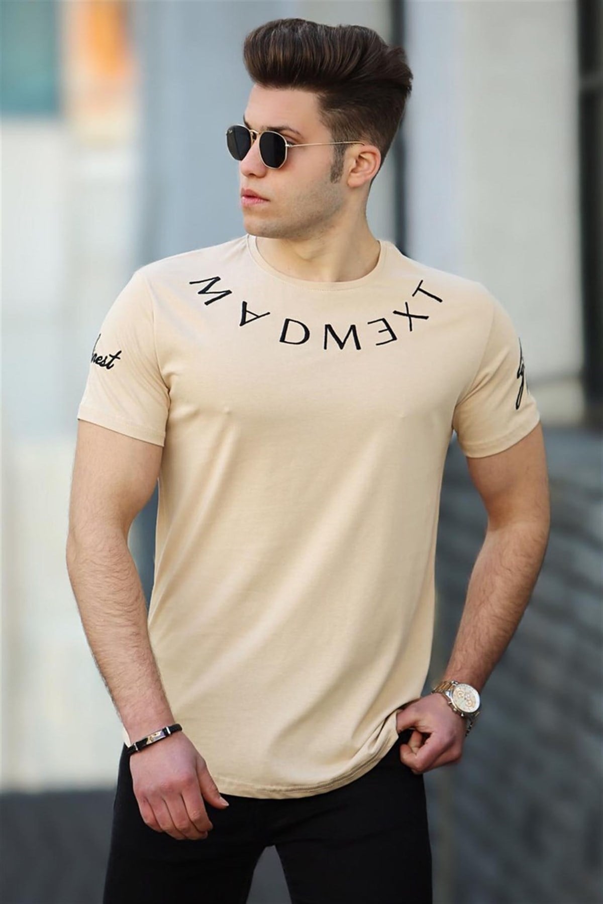 Madmext Camel Nakışlı Erkek Tişört 4512