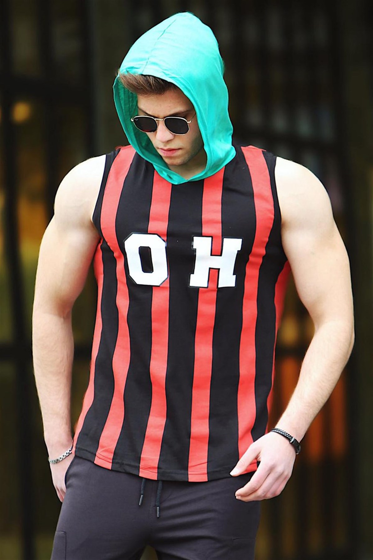 Madmext Black-Red Striped T-shirt with Hood for Men 4024