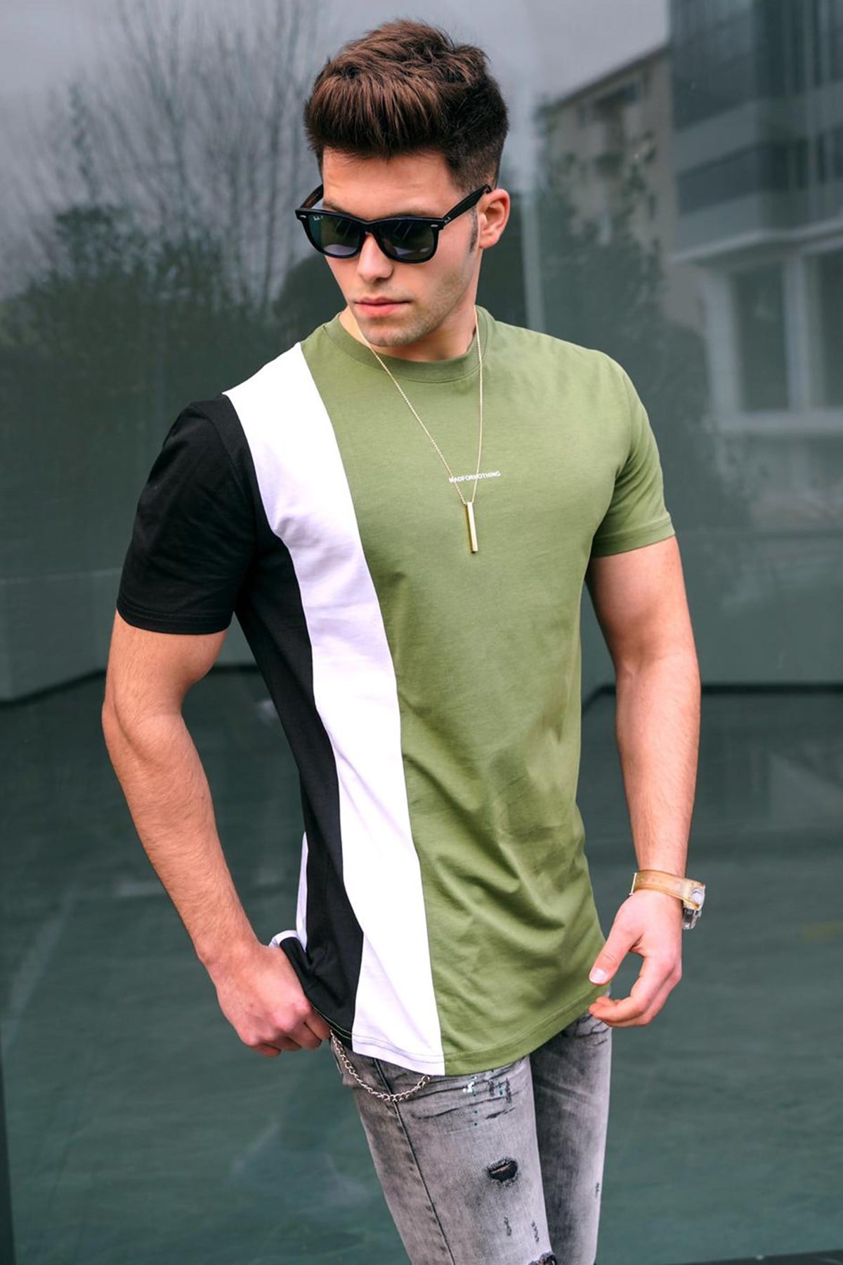 Madmext Çizgili Haki T-Shirt 5370