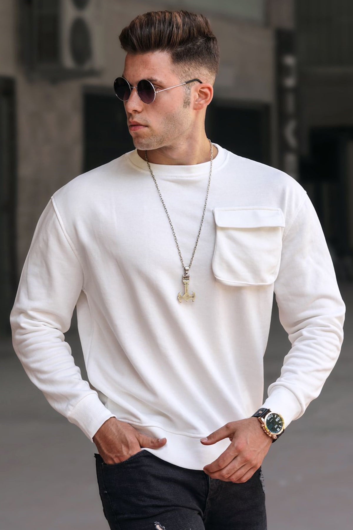 Madmext Ekru Bisiklet Yaka Sweatshirt 5320