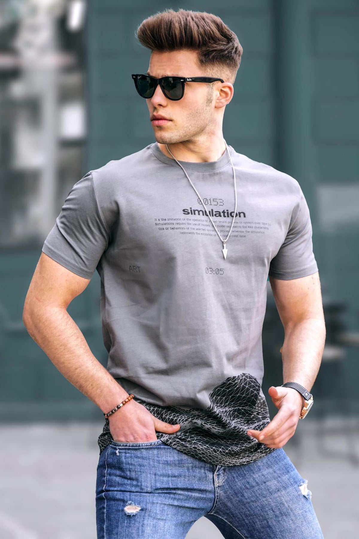Madmext Men Printed Smoke Gray T-shirt 5810