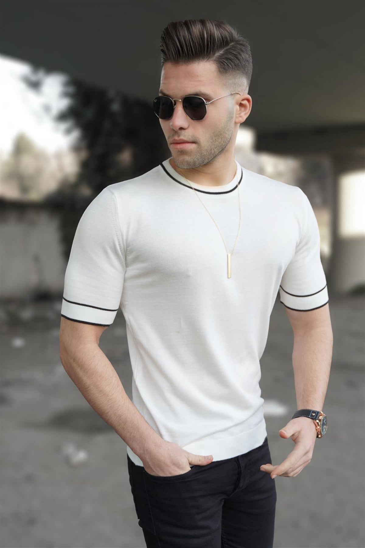 Madmext Erkek Beyaz Triko Tişört 5080