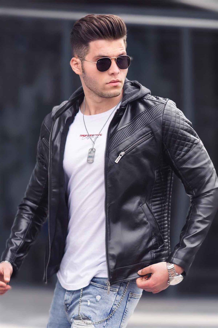 Madmext Black Leather Hooded Jacket
