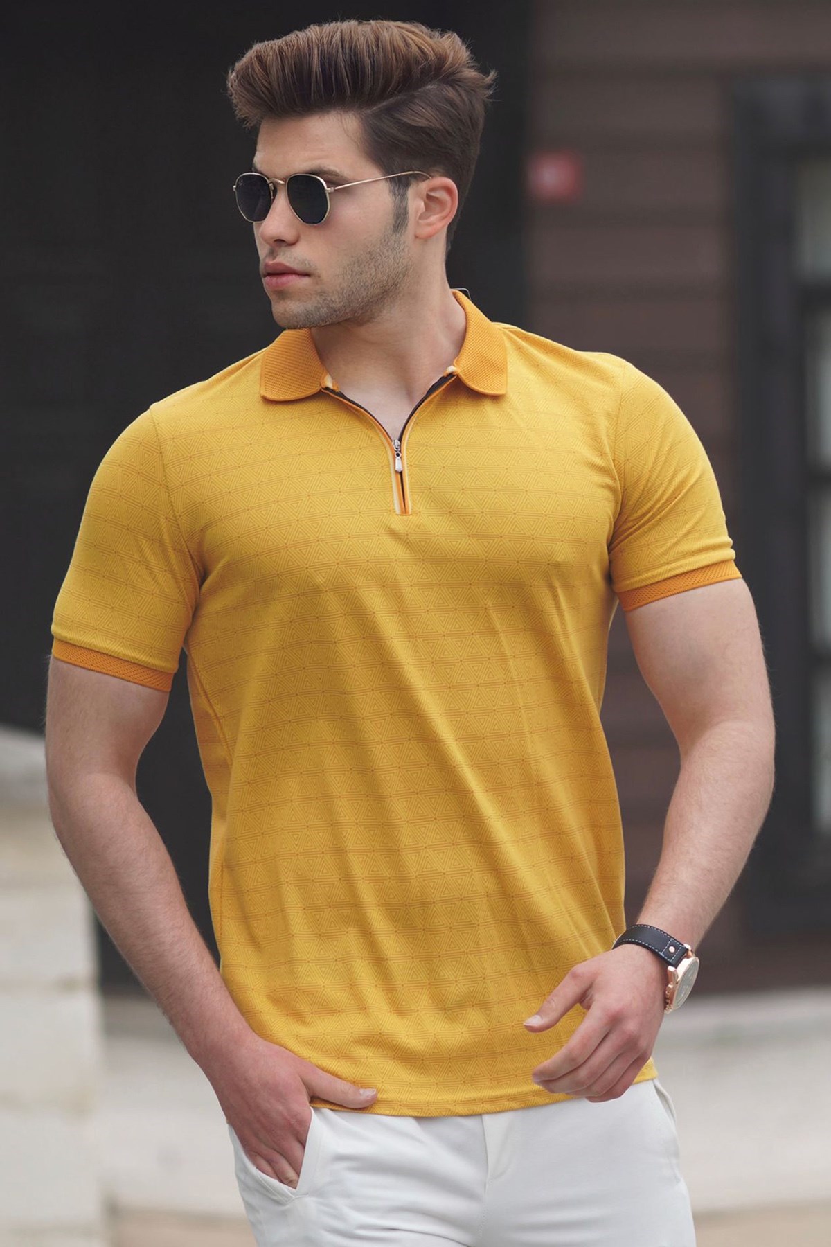 Madmext Men Mustard Knitted Polo T-shirt 5117