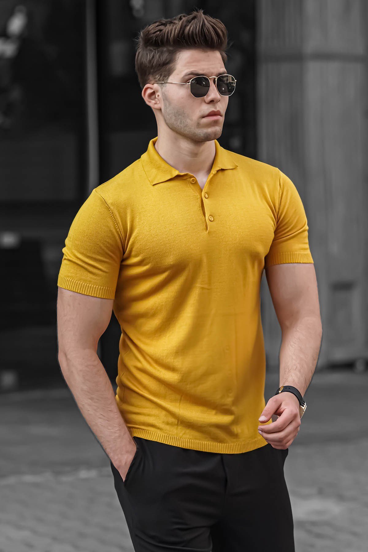 Madmext Yellow Kniwear Polo Shirt for Men