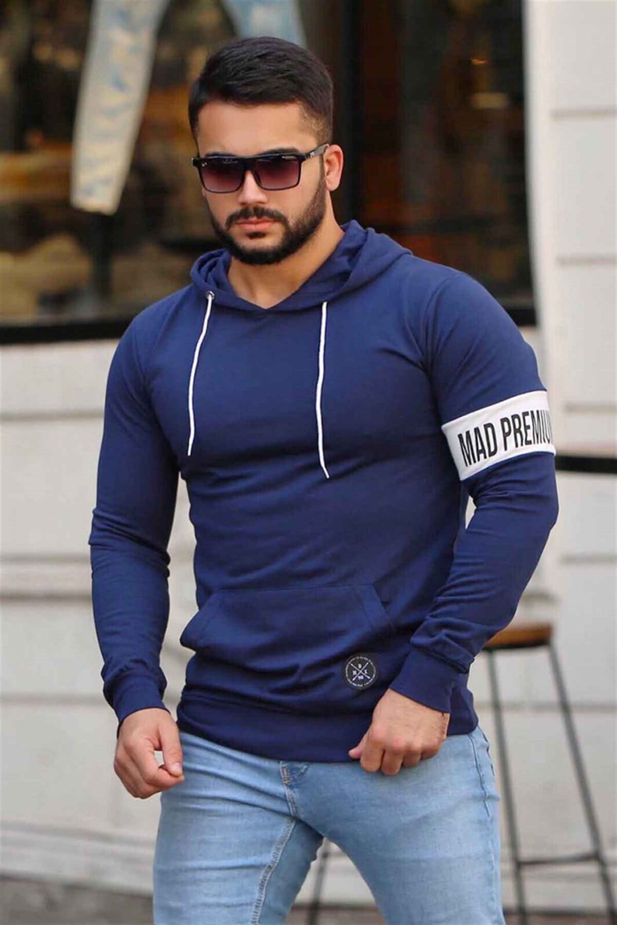 Madmext Navy Blue Printed Hoodie 4123