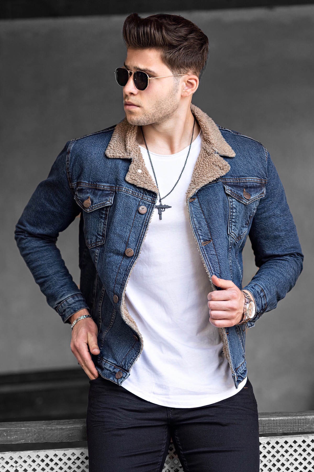 Madmext Kürklü Lacivert Erkek Jean Ceket 9055