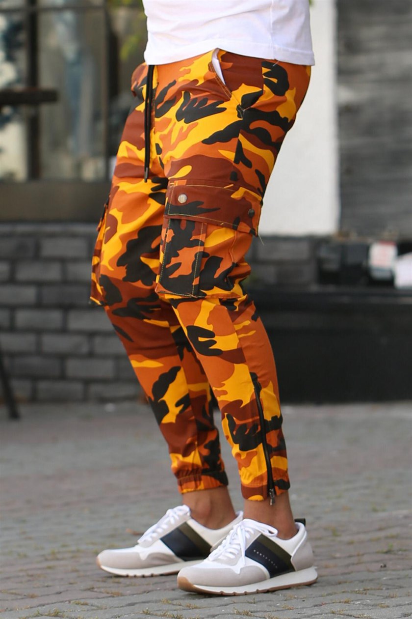 Tapered  Stretch Orange Hunting Camouflage Print Cargo Pants Elastic Cuffs   Boardwalk Vintage