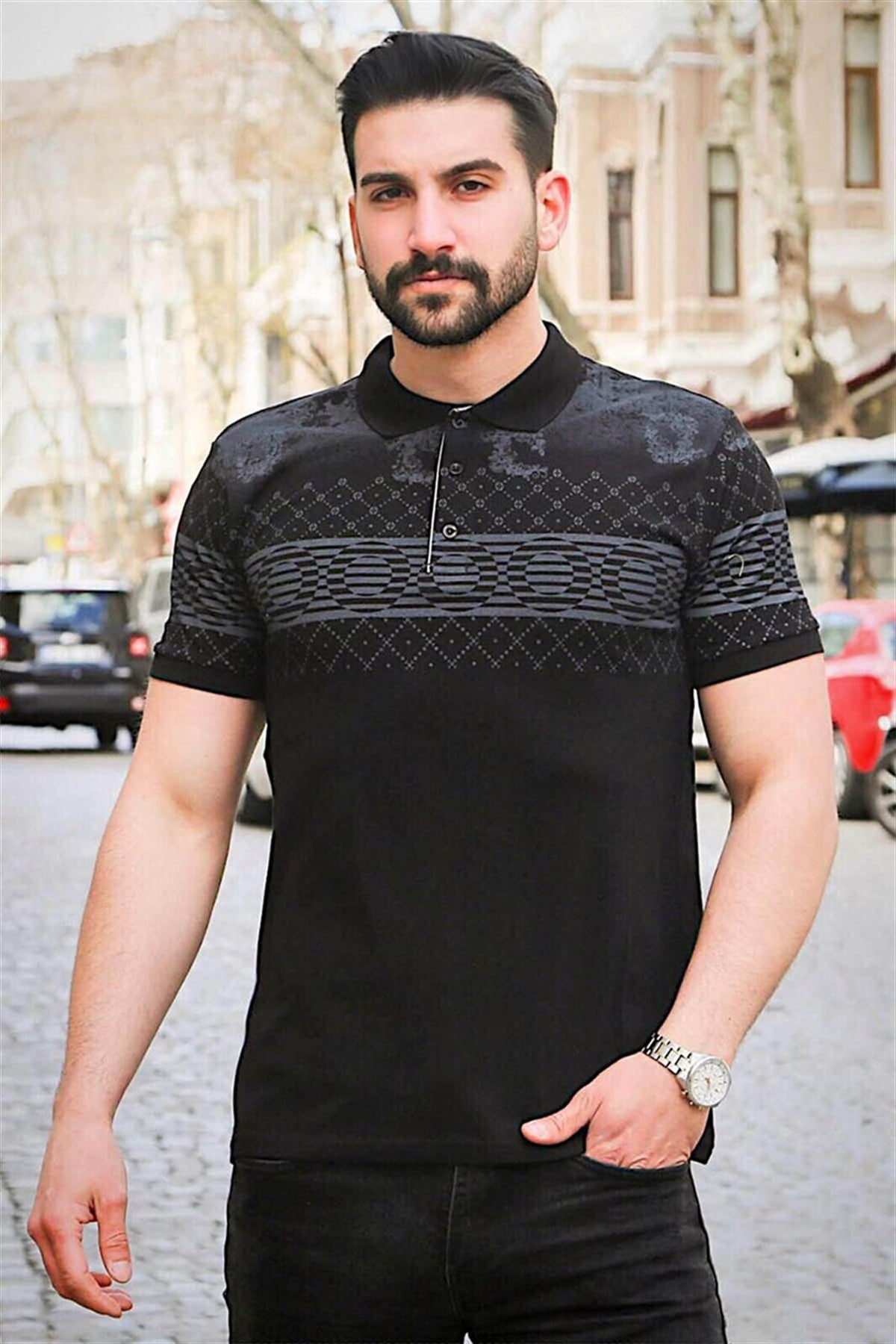 Madmext Siyah  Baskılı Polo Tişört 3057