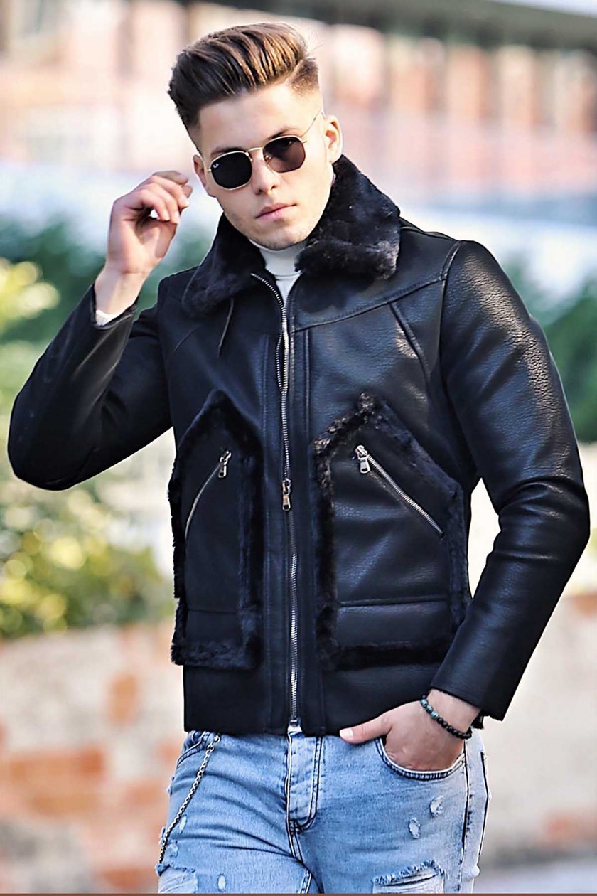Madmext Black Plush Leather Jacket