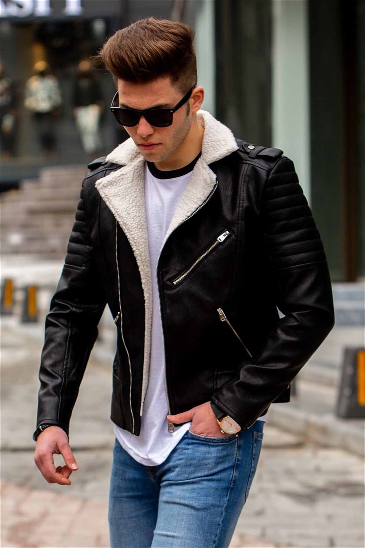 Madmext Black Plush Leather Jacket