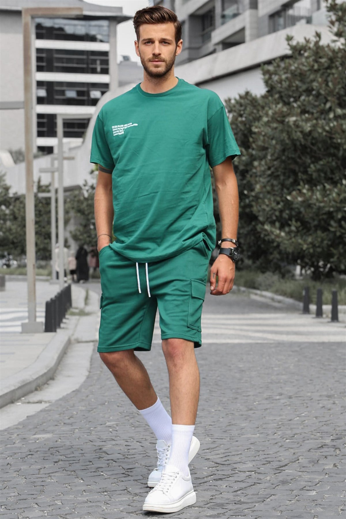 Madmext Yeşil Oversize Erkek Şort Takımı 5391