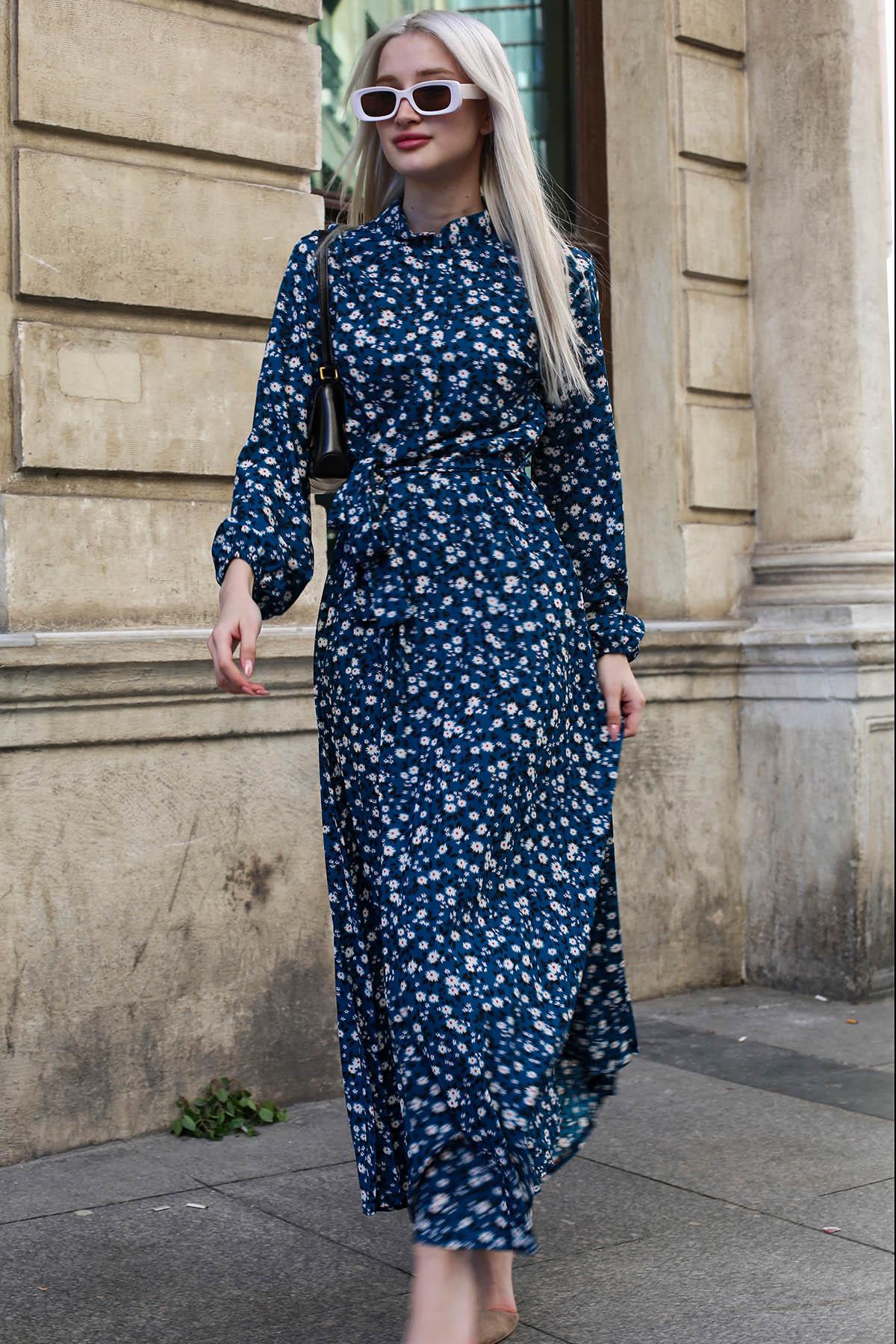 Mavi Çicek Desenli Uzun Kadın Elbise- Madmext