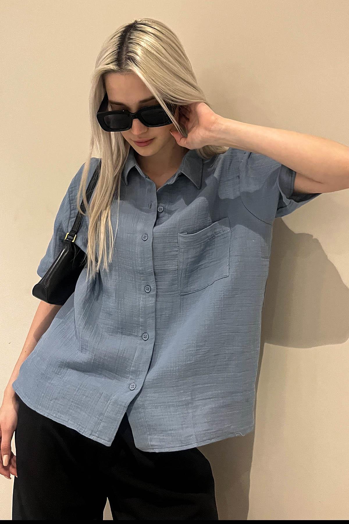 Mavi Muslin Kumaş Basic Kadın Gömlek Madmext