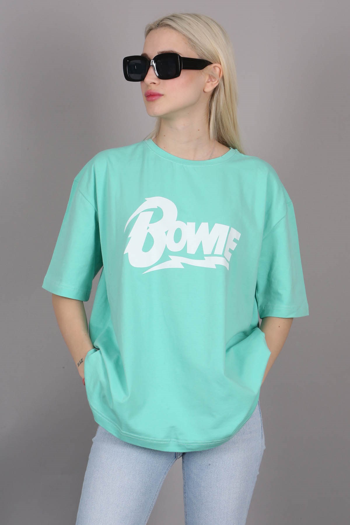 Women Printed Mint Green Over Fit T-Shirt MG1514