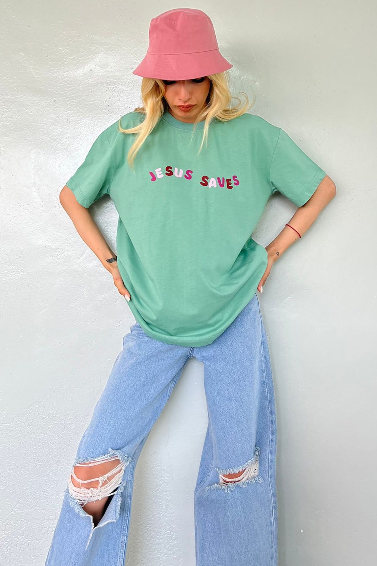 Mint Yeşili  Baskılı Oversize Tişört MG1517