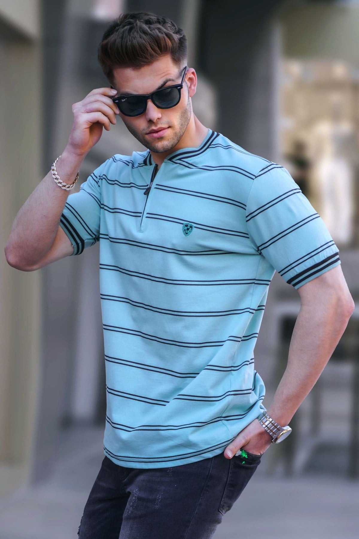 Mint Yeşili Çizgili Polo Yaka Erkek Tişört 5874