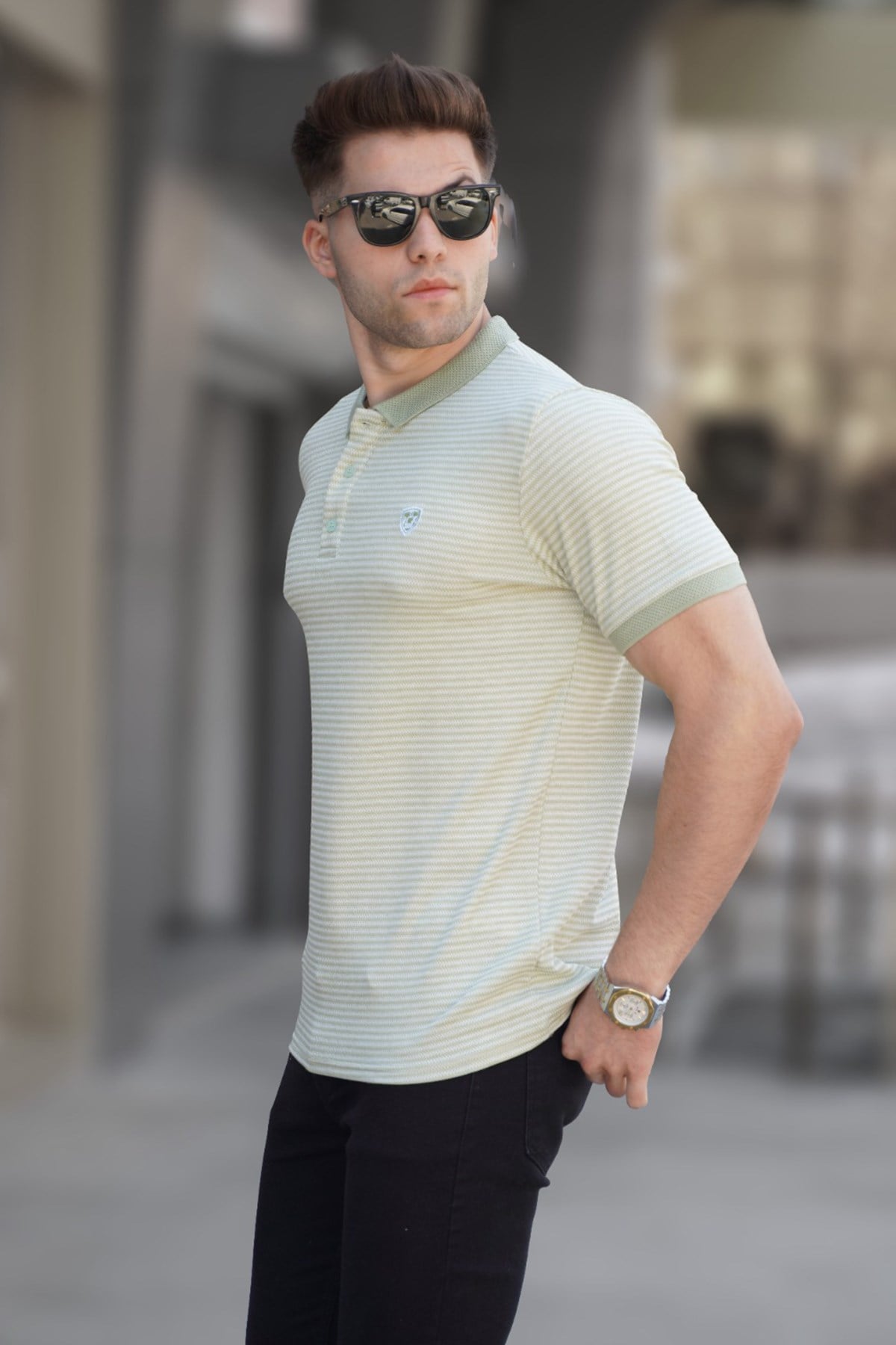 Mint Yeşili Çizgili Polo Yaka Tişört 5881
