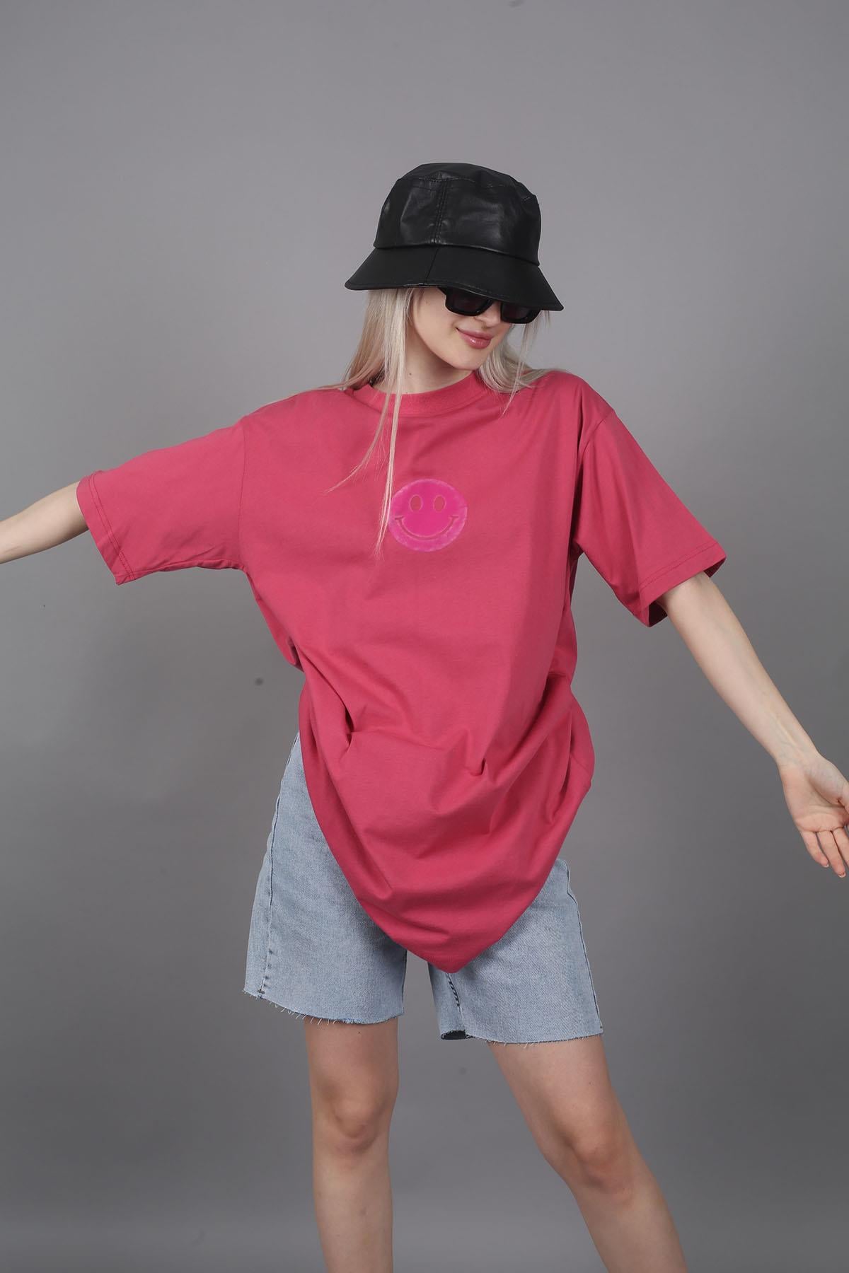 Women Printed Oversize Pink T-Shirt