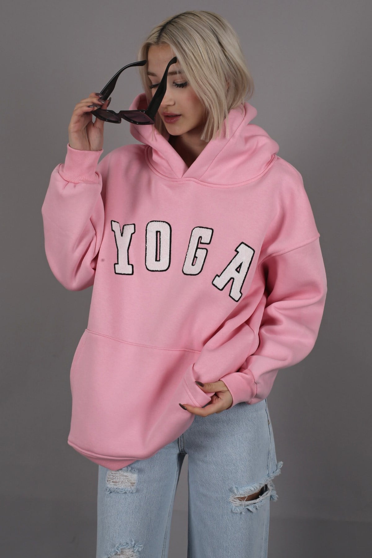 Pembe Nakışlı Kapüşonlu Sweatshirt MG1580