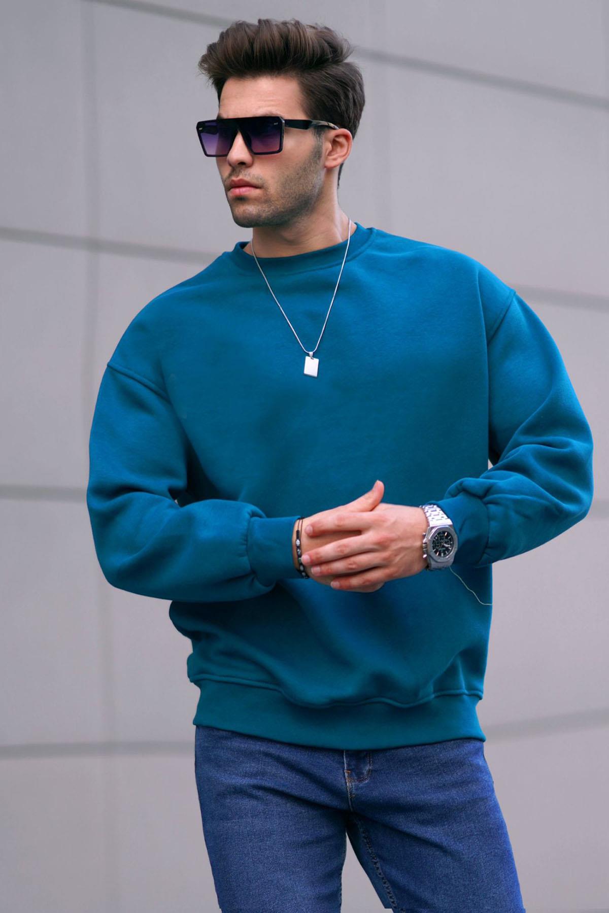 Petrol Mavisi Bisiklet Yaka Oversize Şardonlu Basic Erkek