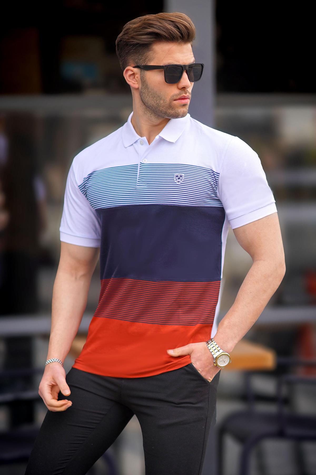 Men Color Block White Polo T-Shirt -- Madmext