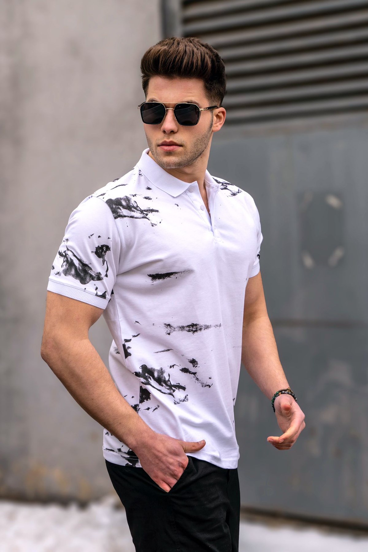 Men Designed White Polo T-Shirt -- Madmext