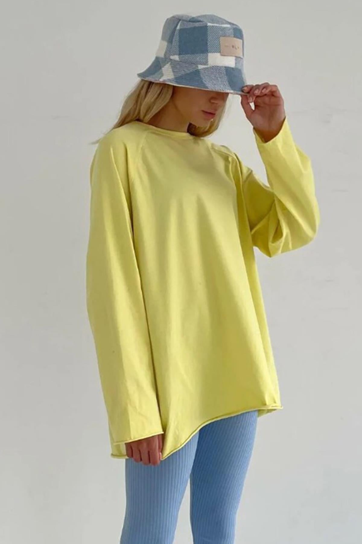 Sarı Basic Bisiklet Yaka Kadın Sweatshirt MG1676