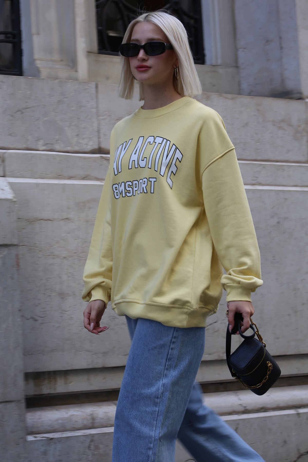 Sarı Baskılı Oversize Kadın Sweatshirt - Madmext