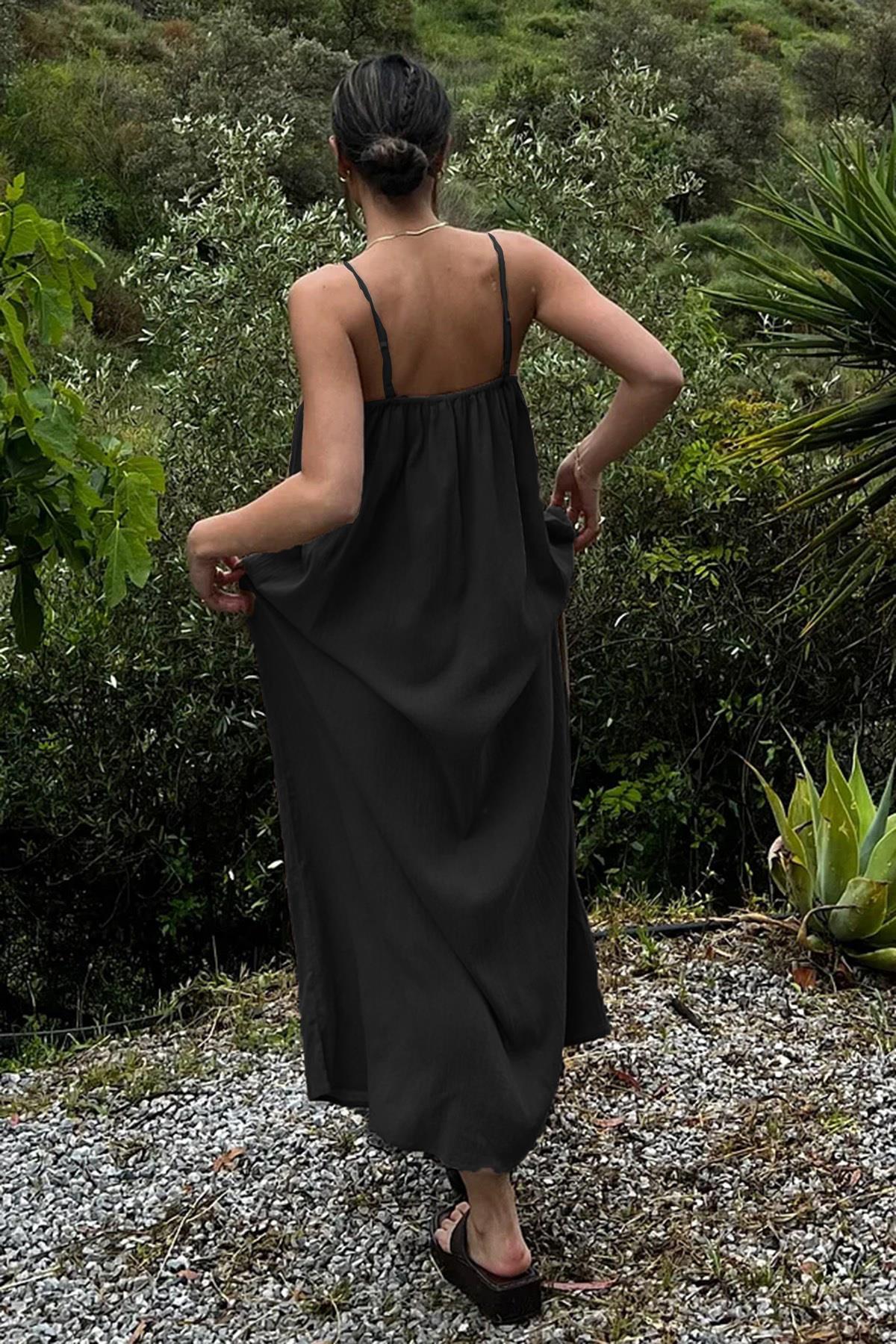 Siyah Askılı Uzun Salaş Bürümcük Elbise - Madmext