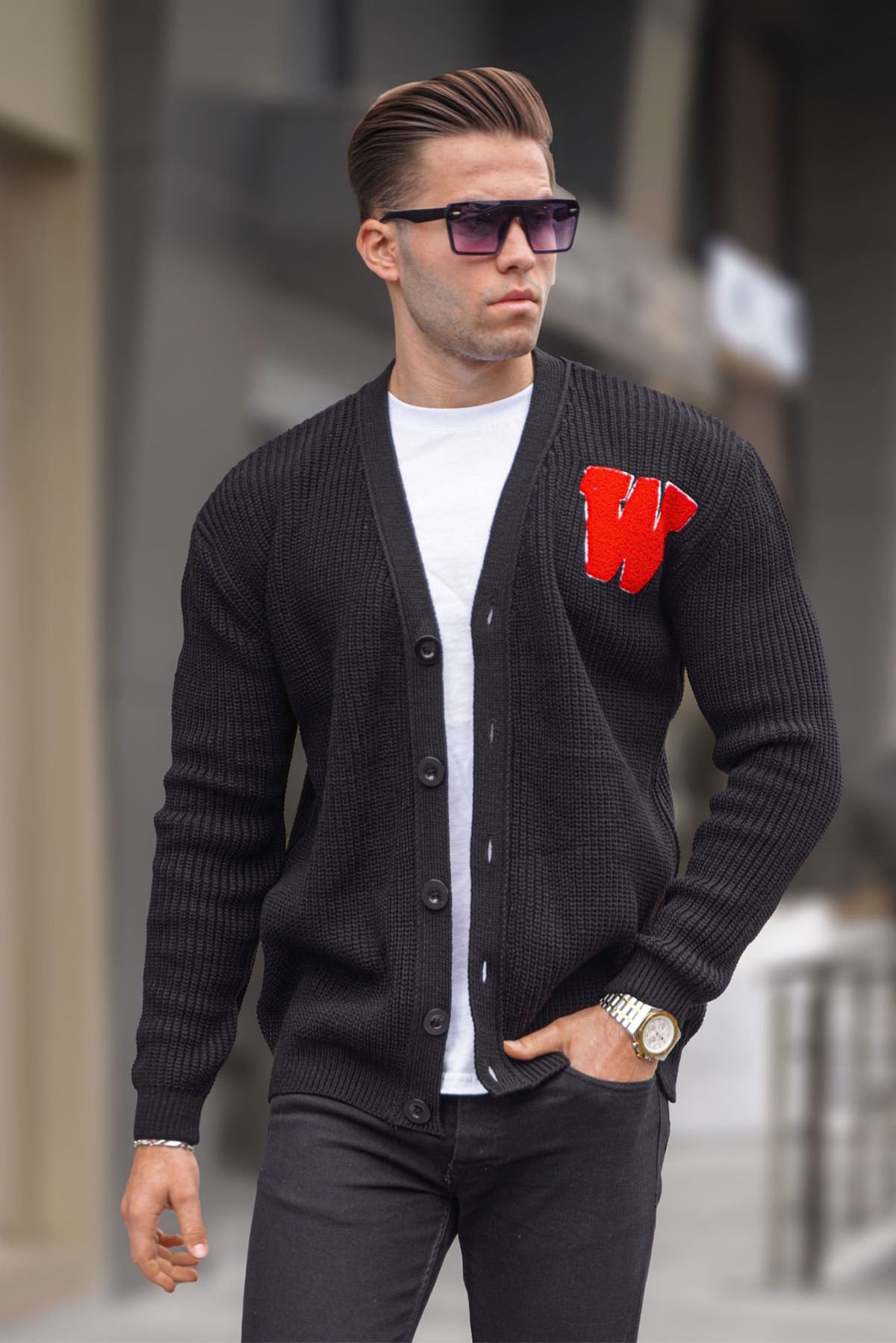 Siyah Basic Nakışlı Örgülü Hırka T6313