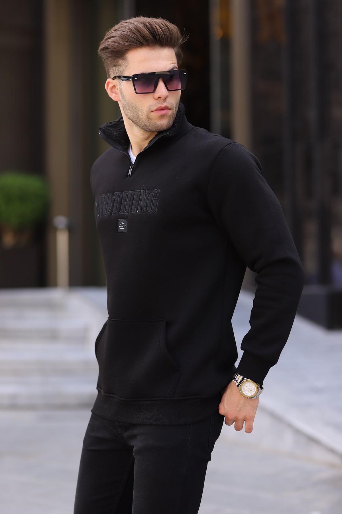 Siyah Baskılı Fermuar Detaylı Sweatshirt 6003
