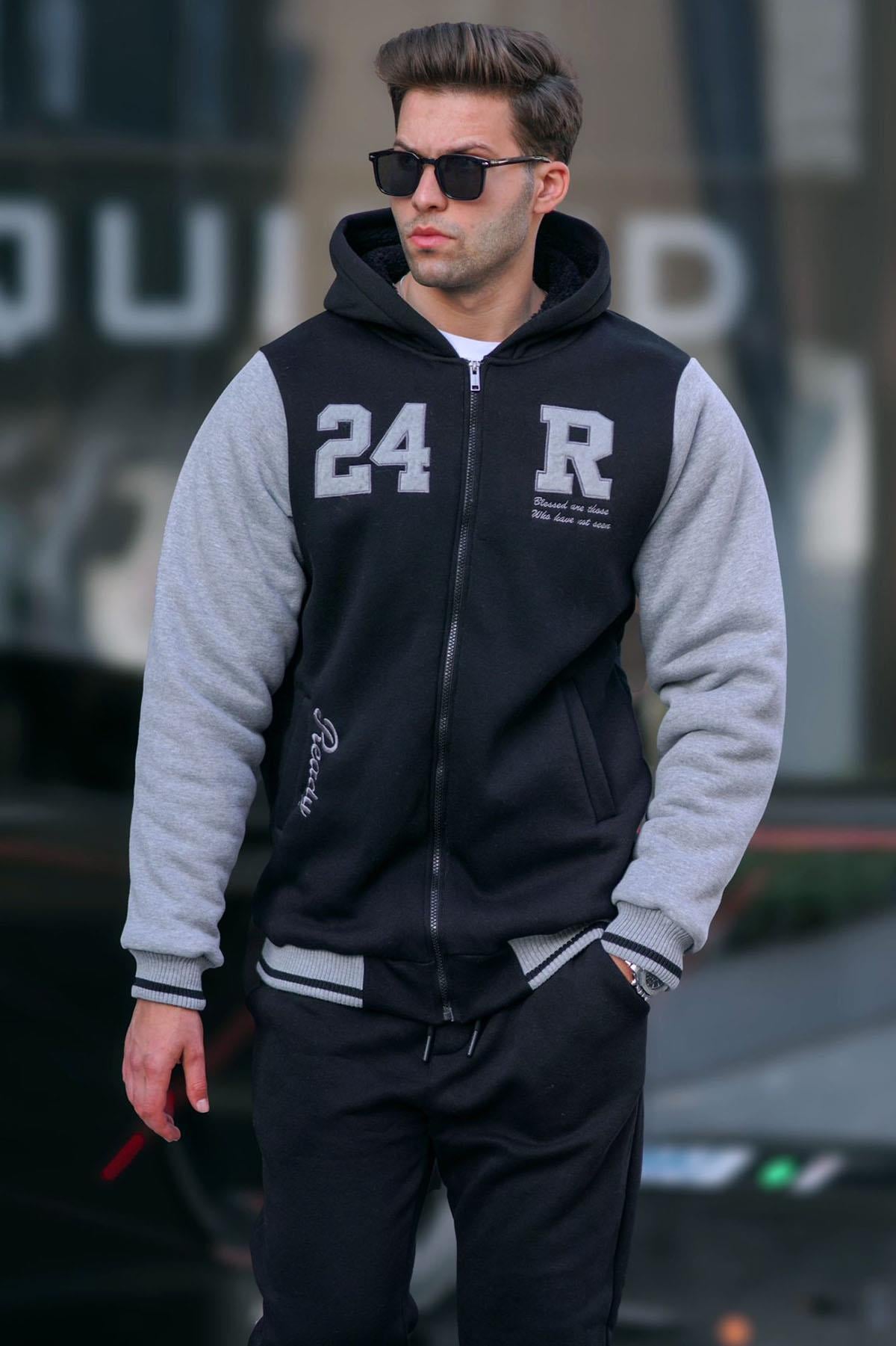 Siyah Baskılı Fermuarlı Erkek Sweatshirt 6155