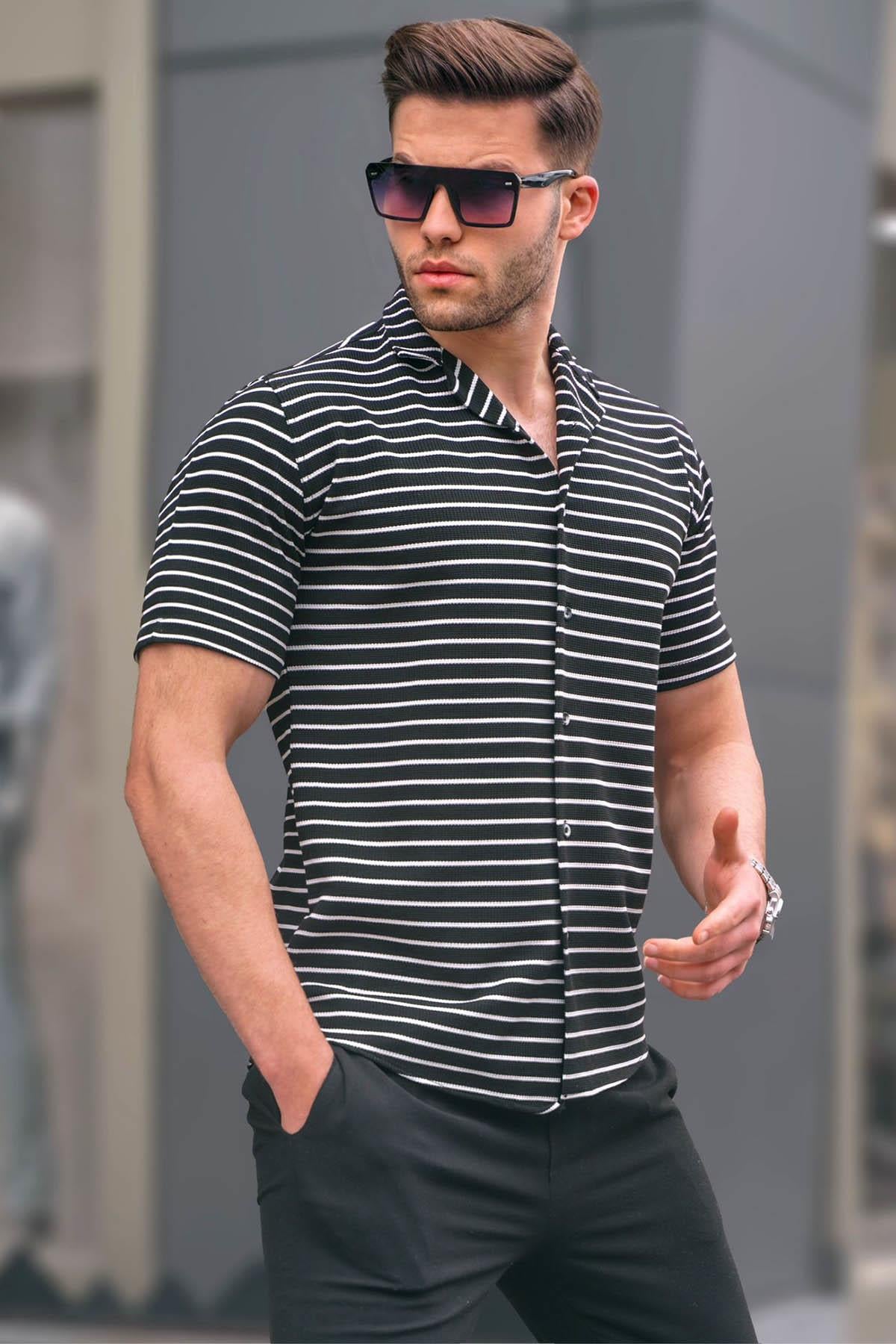 Siyah Çizgili Slim Fit Erkek Kısa Kol Gömlek 5591