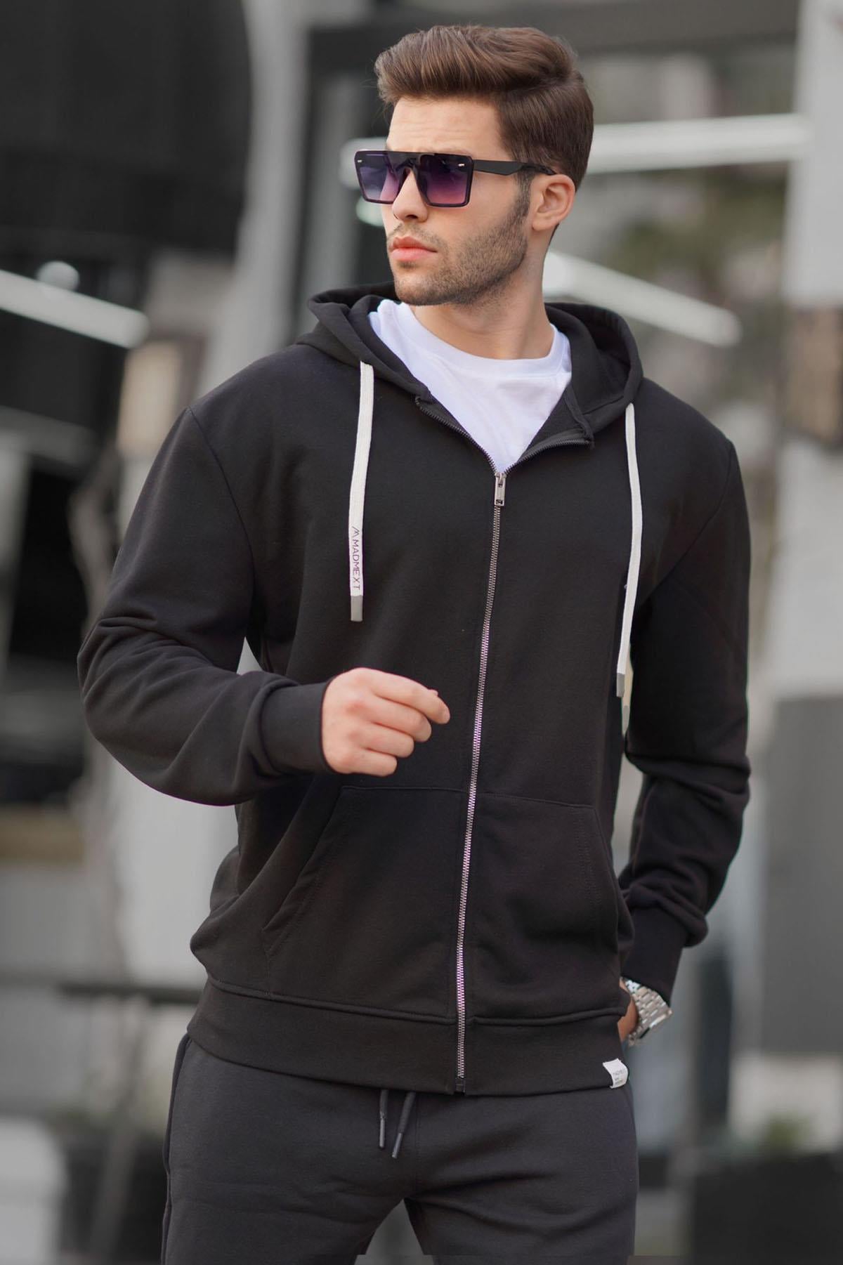 Siyah Fermuarlı Kapüşonlu Sweatshirt 6161