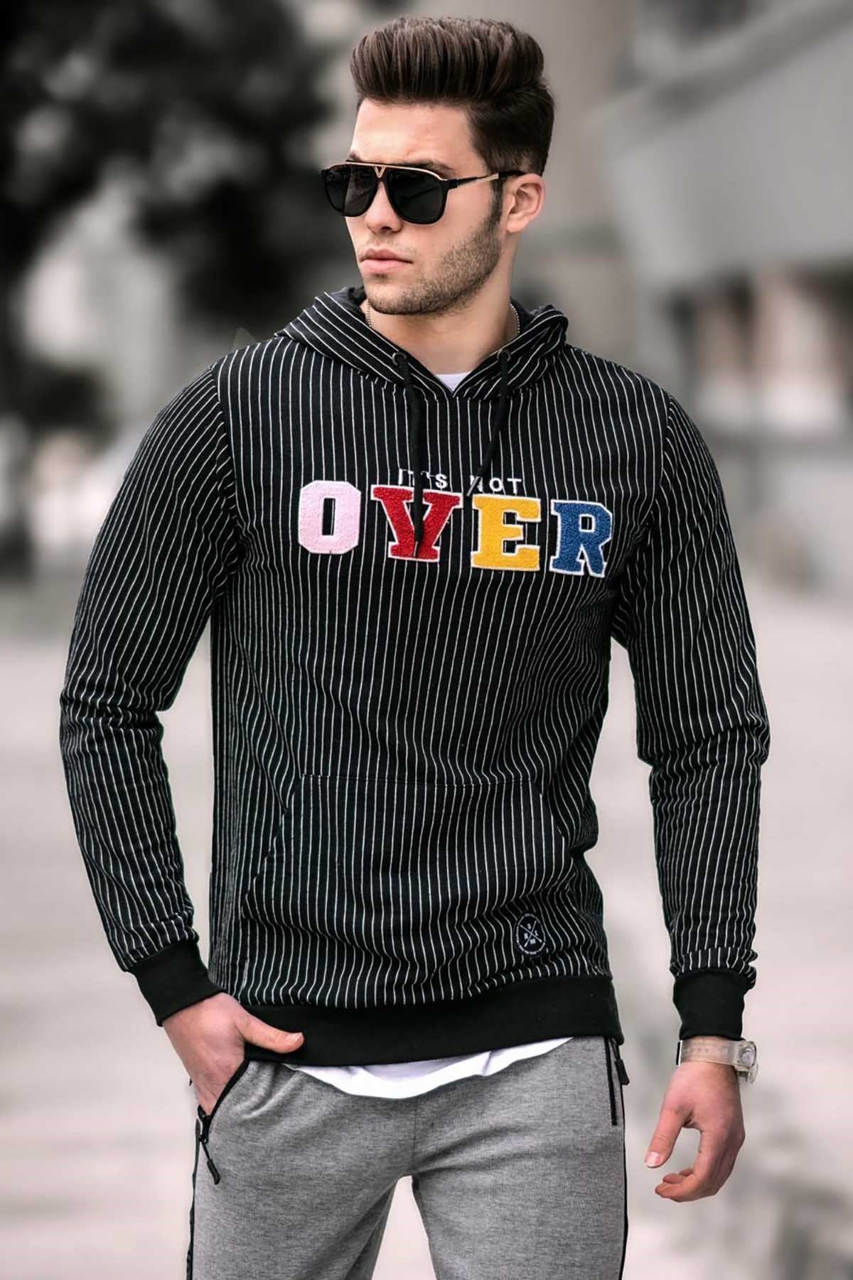 Siyah Kapşonlu Sweatshirt - Çizgi Detaylı 2788