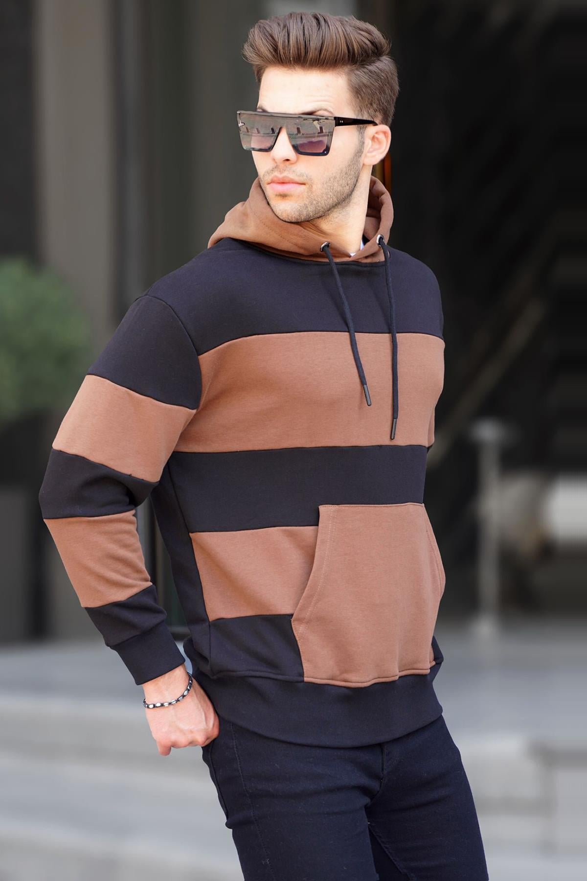 Siyah Kapüşonlu Çizgili Erkek Sweatshirt 6144