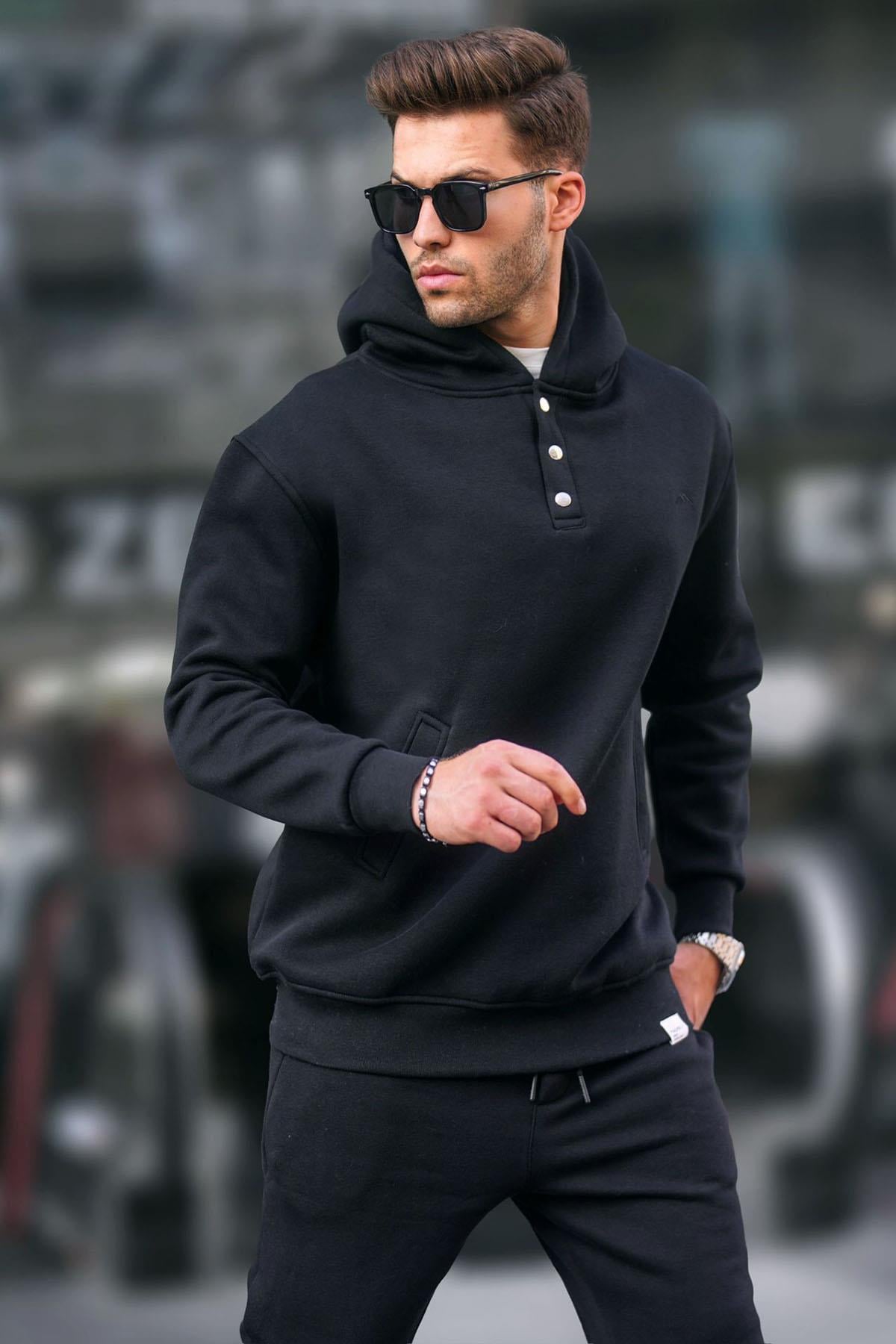 Siyah Kapüşonlu Düğme Detaylı Sweatshirt 6150