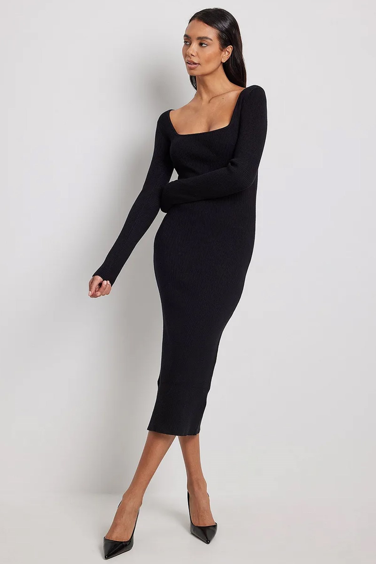 Siyah Kare Yaka Triko Uzun Elbise- Madmext