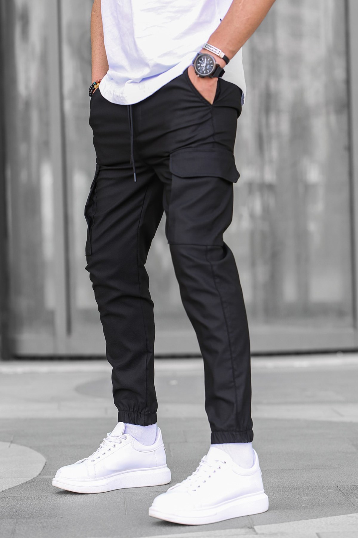 Siyah Kargo Cep Erkek Jogger Pantolon- Madmext