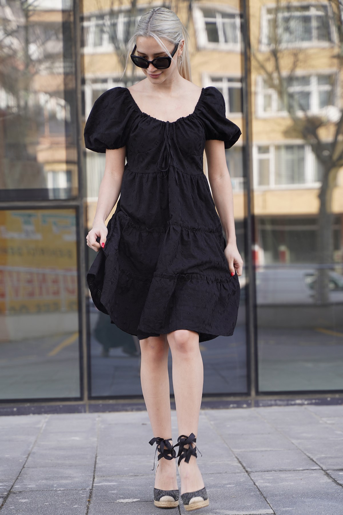 Siyah Kısa Kollu Fisto Kadın Elbise - Madmext