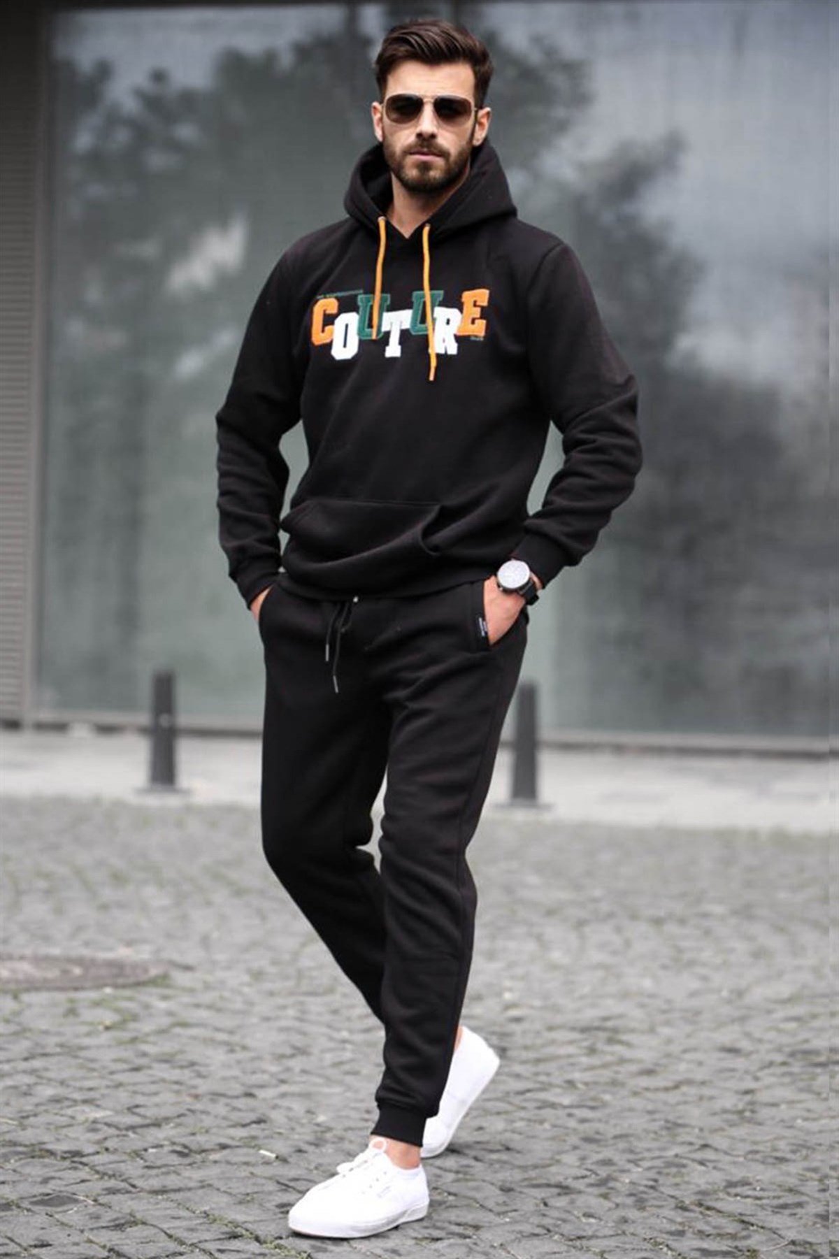 Siyah Nakışlı Sweatshirt Jogger Eşofman Takımı - Madmext