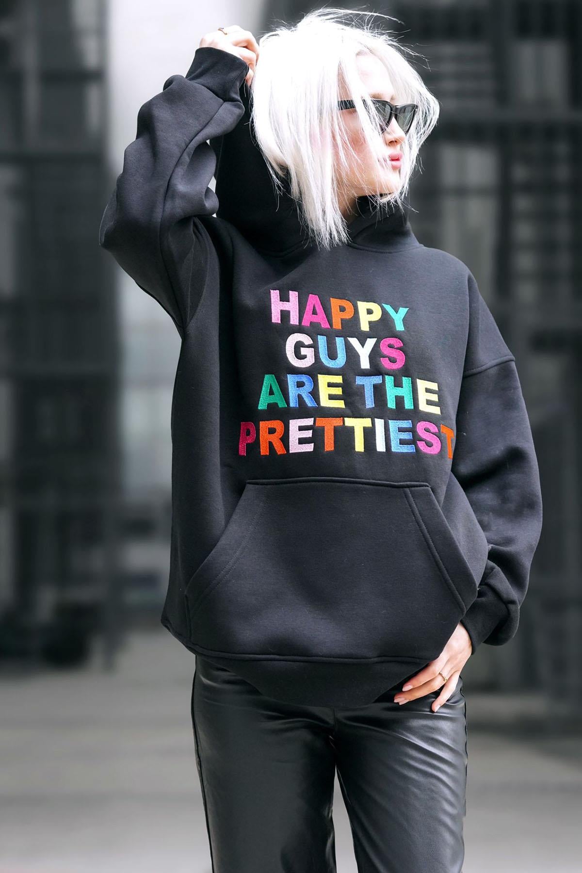 Siyah Renkli Nakışlı Bisiklet Yaka Sweatshirt MG1574