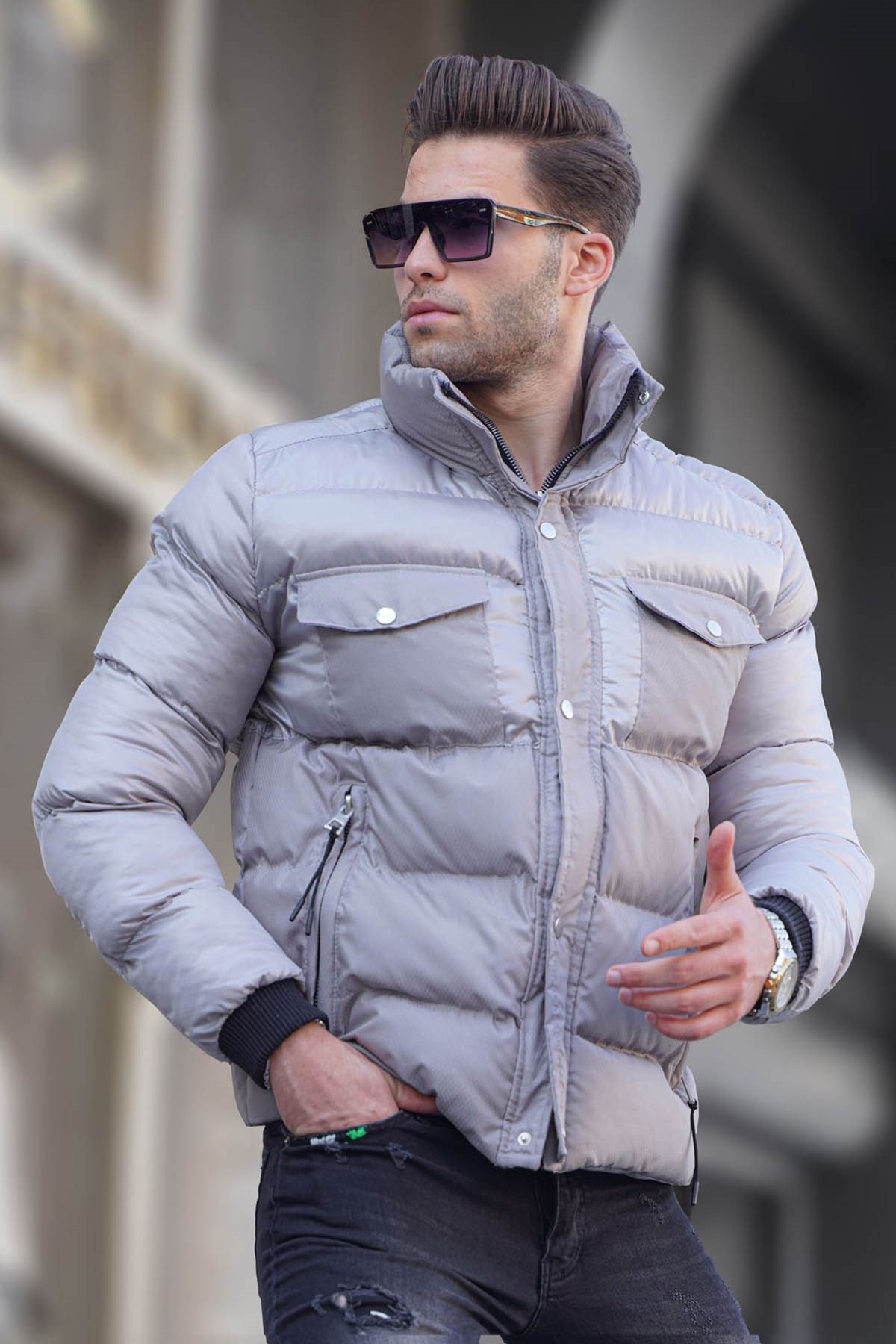 Stone Gray Swan Neck Puffer Jacket -- Madmext