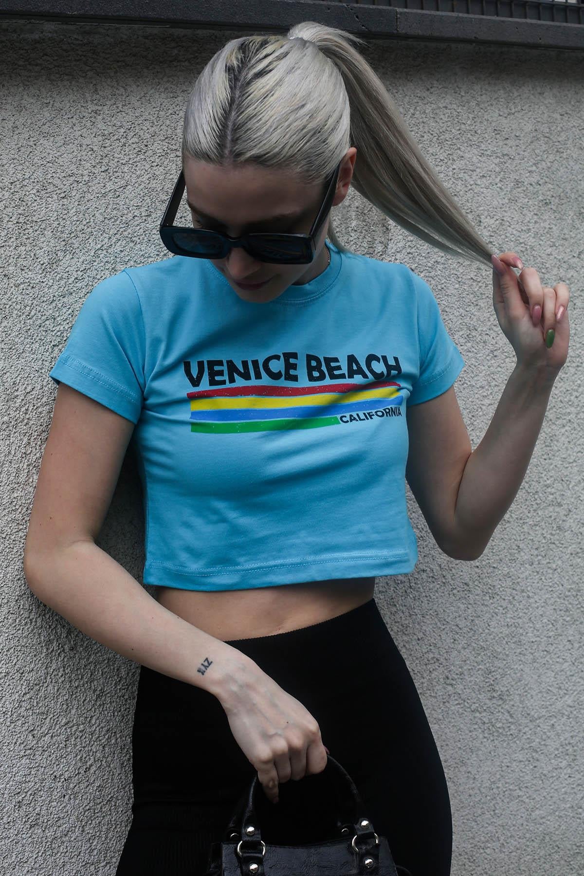 Turquoise Printed Crop T-Shirt MG1535