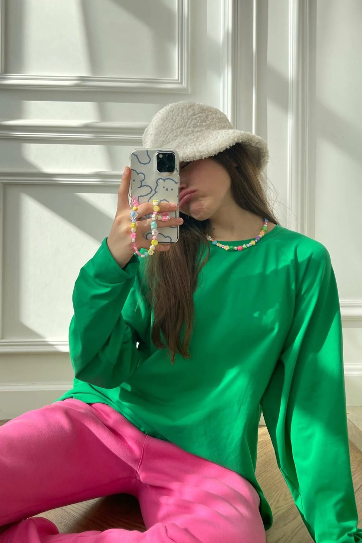 Yeşil Basic Bisiklet Yaka Kadın Sweatshirt MG1676