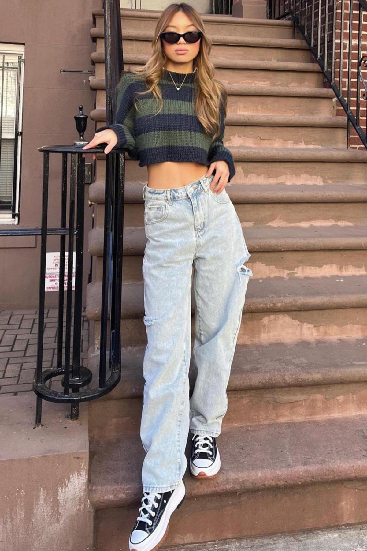 Women Green Striped Cropped Sweater -- Mad Girls -- Madmext