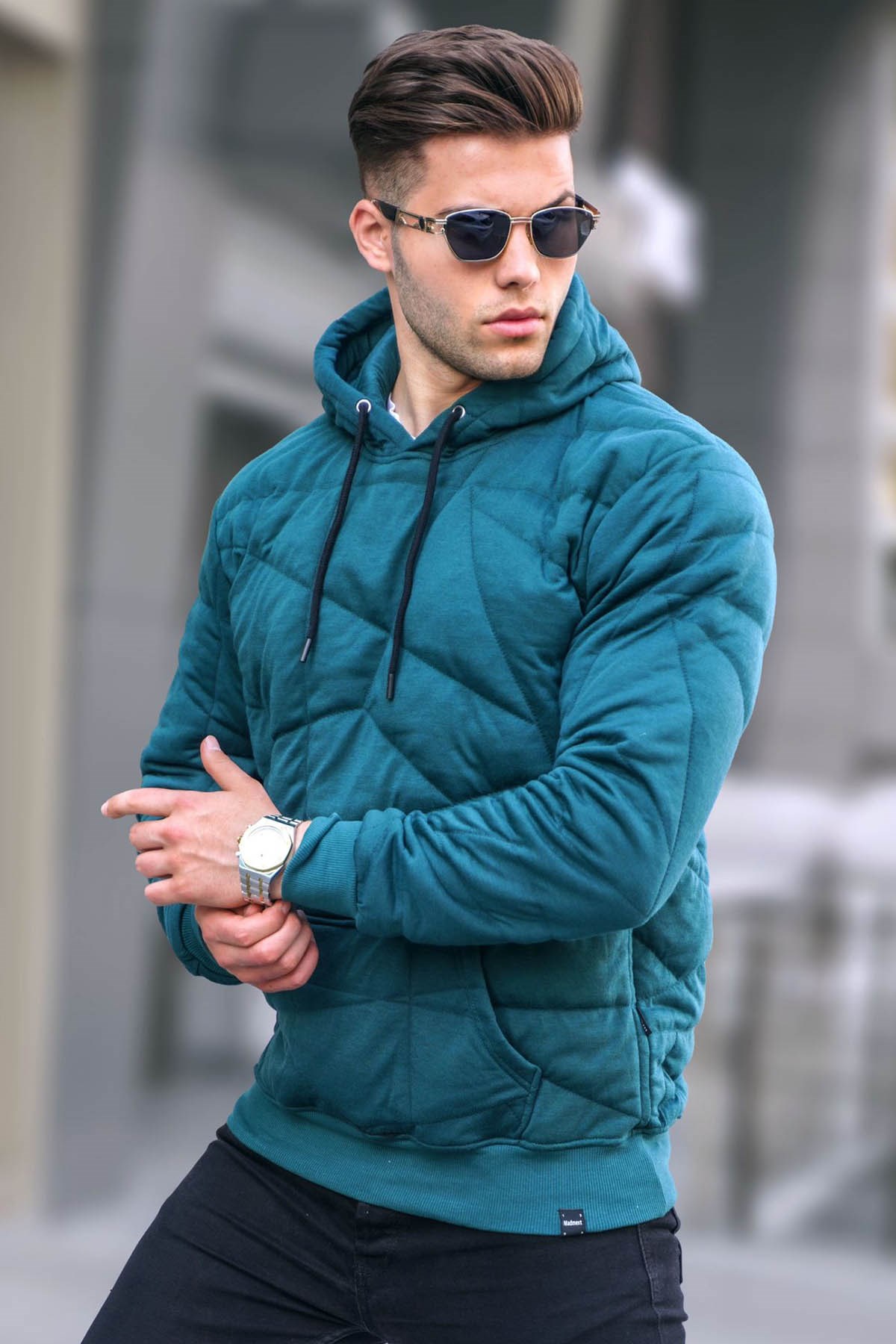 Green Quilted Hoodie Sweatshirt -- Madmext