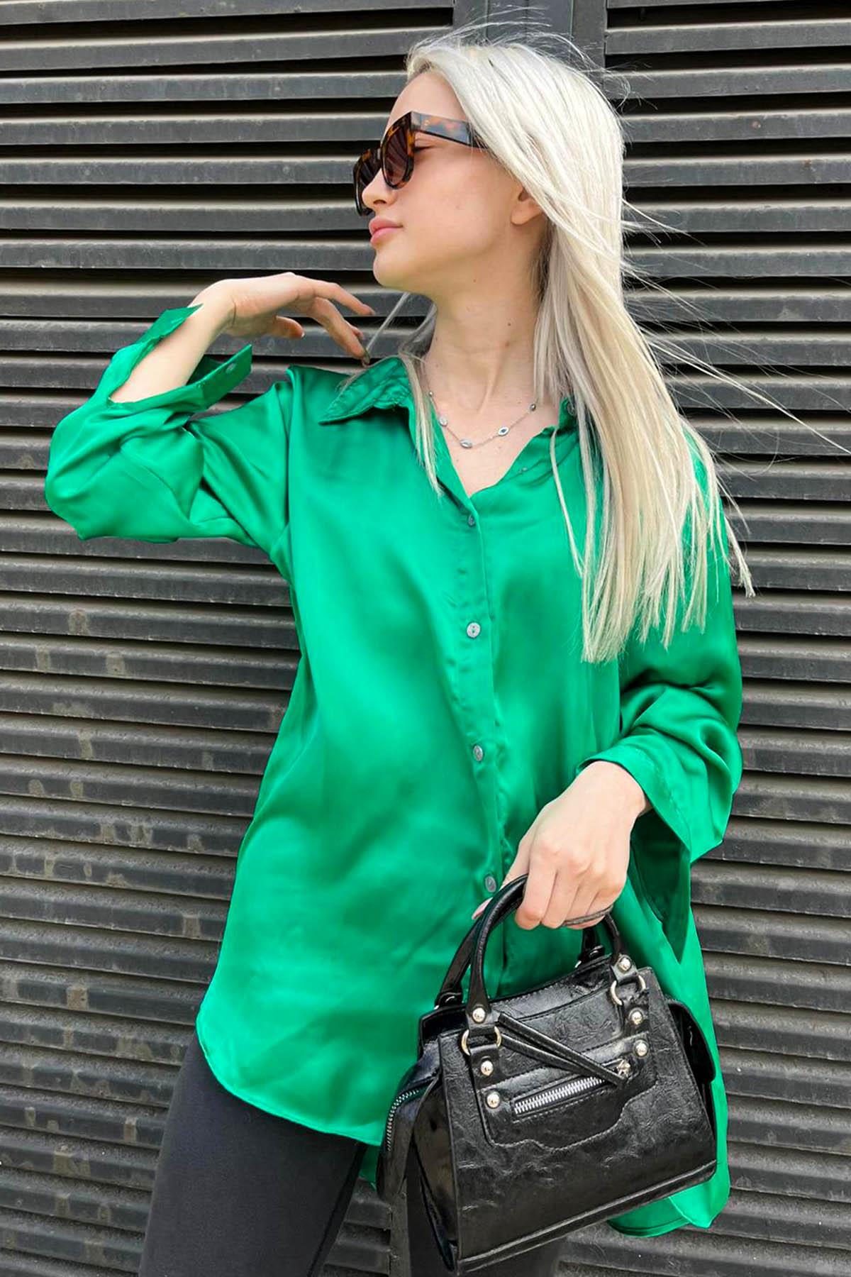 Zümrüt Yeşili Basic Kadın Saten Gömlek - Madmext