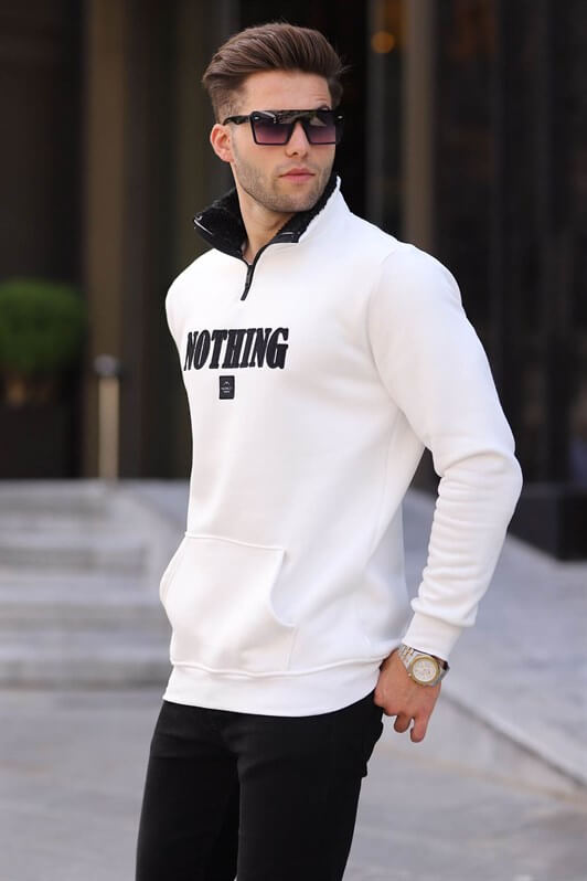 Ecru Printed Hoodie Sweatshirt -- Madmext